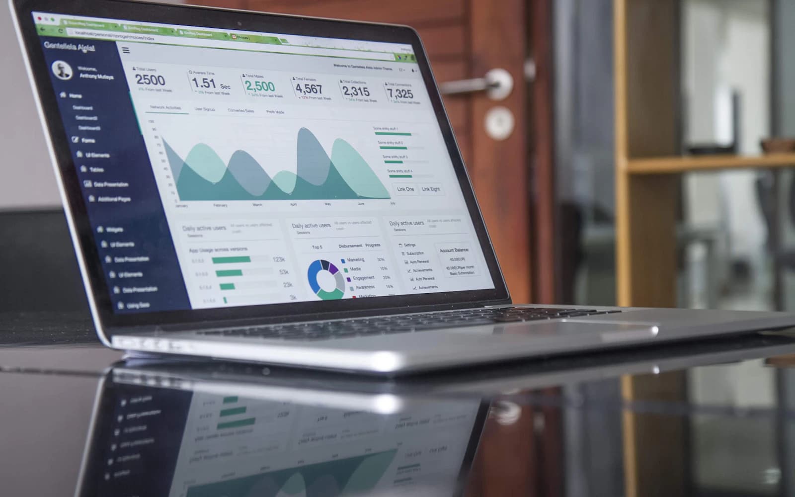 Analytics charts displayed on a laptop on a glass table.