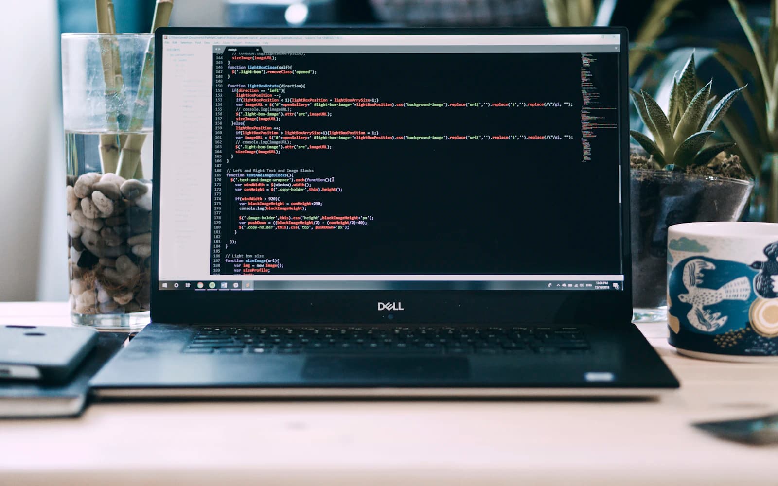 Laptop displaying code on a wooden desk beside plants.