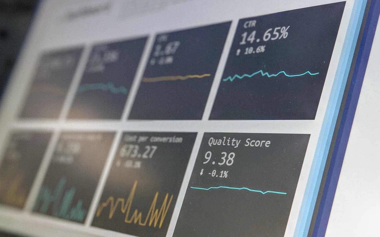 A data dashboard with charts and reports displayed on a laptop screen.