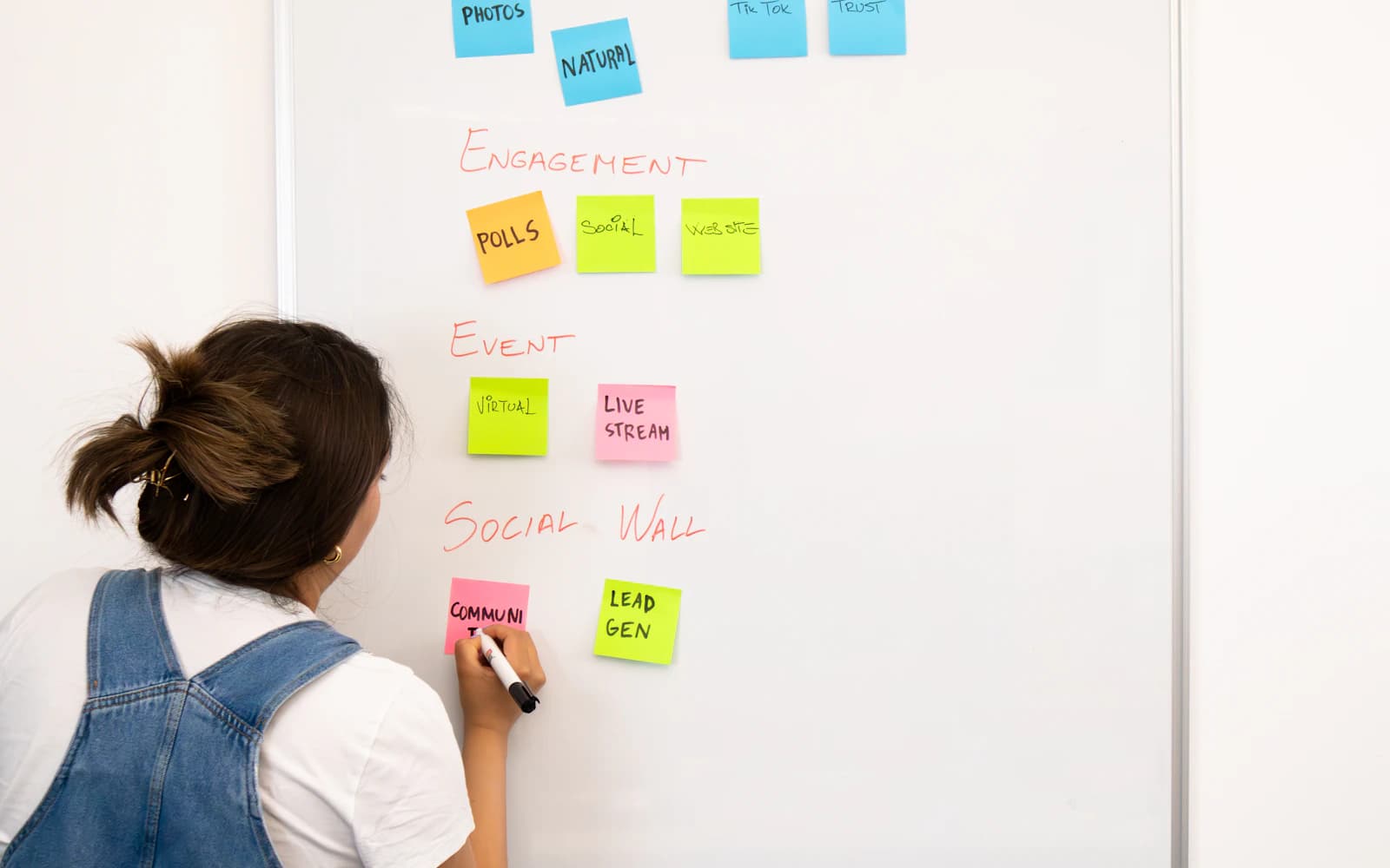 Workshop participant organising ideas on a whiteboard with sticky notes.